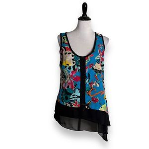 Nicole Miller Butterfly Print Top Size M Asymmetrical‎ Hem Colorful Eclectic